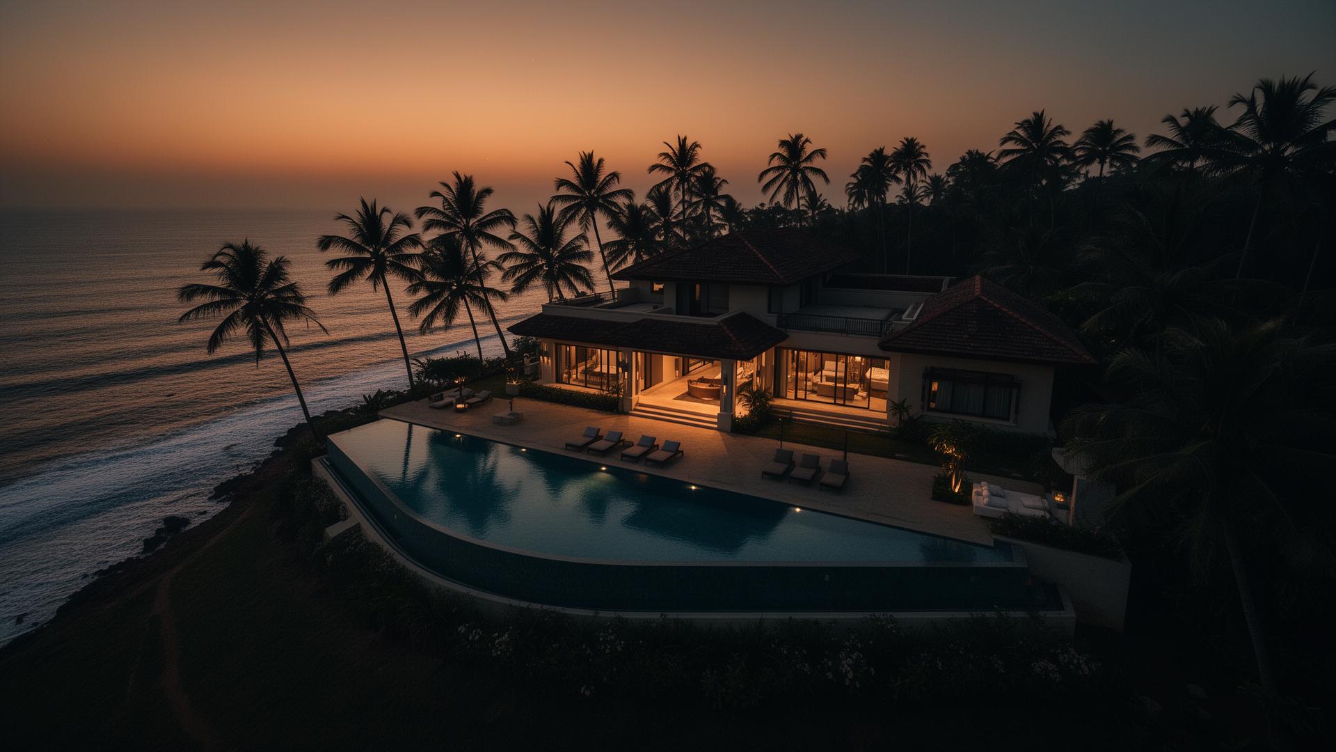 Cinematic luxury villa in Goa at twilight